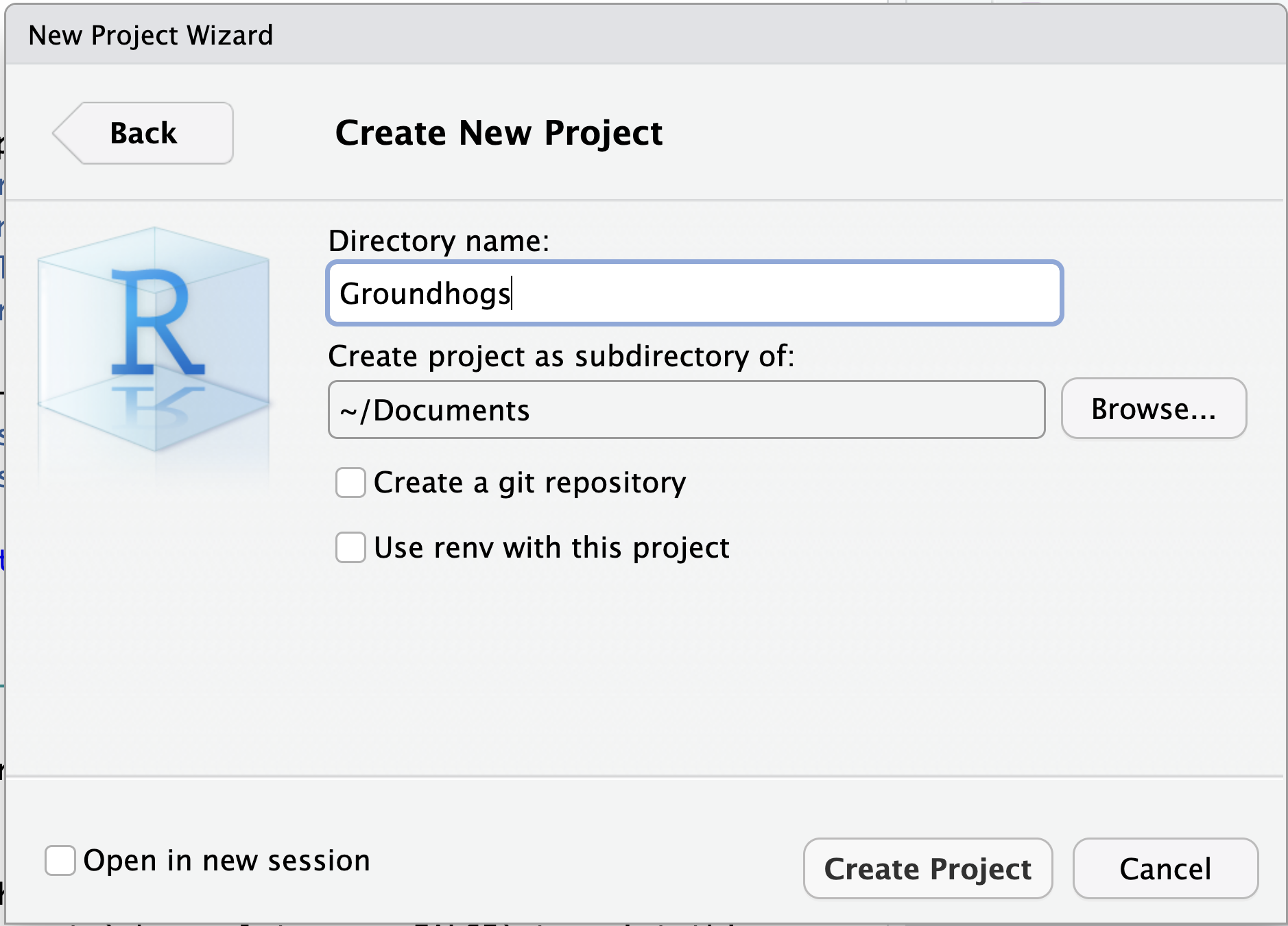 A screenshot of the R Studio Create Project screen.