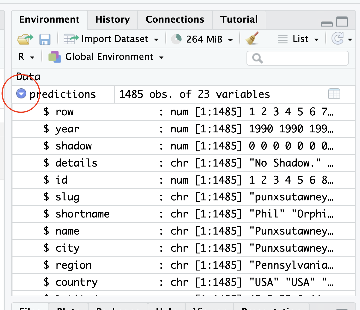 A screenshot of the environment tab with the predictions dataframe menu expanded to show column names.